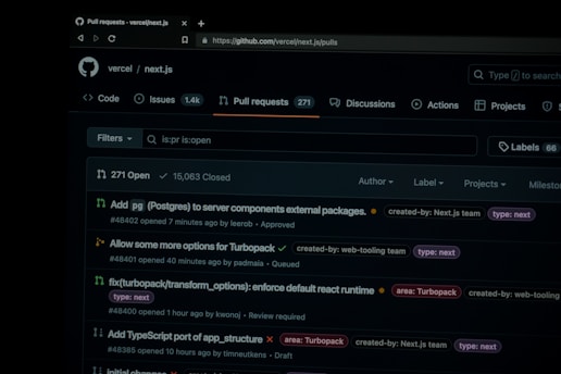 A screenshot of the GitHub pull requests page for the 'vercel/next.js' repository. The page displays a search box, filters, and four open pull requests with details such as titles, authors, labels, and activity timestamps. The top of the page has navigation links including Code, Issues, Pull requests, Discussions, Actions, Projects, and more.