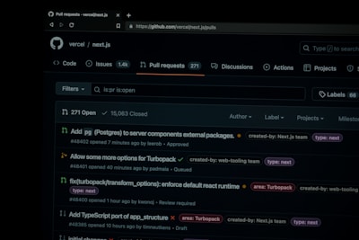 A screenshot of the GitHub pull requests page for the 'vercel/next.js' repository. The page displays a search box, filters, and four open pull requests with details such as titles, authors, labels, and activity timestamps. The top of the page has navigation links including Code, Issues, Pull requests, Discussions, Actions, Projects, and more.