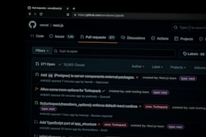 A screenshot of the GitHub pull requests page for the 'vercel/next.js' repository. The page displays a search box, filters, and four open pull requests with details such as titles, authors, labels, and activity timestamps. The top of the page has navigation links including Code, Issues, Pull requests, Discussions, Actions, Projects, and more.
