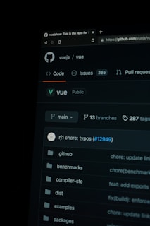 A screenshot of a GitHub repository page featuring the vue/vue project. The page shows various tabs such as Code, Issues, and Pull Requests. It highlights the number 365 under Issues. There is a list of folders including .github, benchmarks, compiler-sfc, dist, examples, and packages visible in the directory.