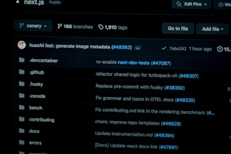 A screenshot of a GitHub repository interface displaying a list of branches and tags. The dark-themed interface shows various directories such as .devcontainer, .github, .husky, and .vscode, each with recent commits and pull requests. The repository appears to be public with statistics like branches and tags visible at the top.