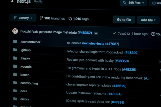 A screenshot of a GitHub repository interface displaying a list of branches and tags. The dark-themed interface shows various directories such as .devcontainer, .github, .husky, and .vscode, each with recent commits and pull requests. The repository appears to be public with statistics like branches and tags visible at the top.