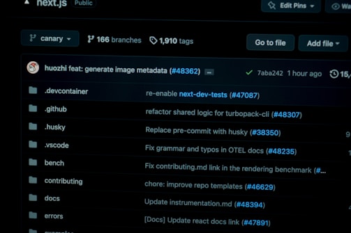 A screenshot of a GitHub repository interface displaying a list of branches and tags. The dark-themed interface shows various directories such as .devcontainer, .github, .husky, and .vscode, each with recent commits and pull requests. The repository appears to be public with statistics like branches and tags visible at the top.