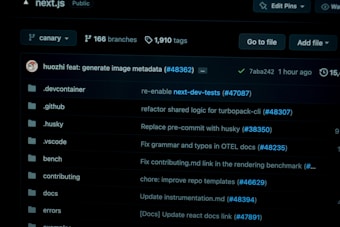 A screenshot of a GitHub repository interface displaying a list of branches and tags. The dark-themed interface shows various directories such as .devcontainer, .github, .husky, and .vscode, each with recent commits and pull requests. The repository appears to be public with statistics like branches and tags visible at the top.