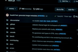 A screenshot of a GitHub repository interface displaying a list of branches and tags. The dark-themed interface shows various directories such as .devcontainer, .github, .husky, and .vscode, each with recent commits and pull requests. The repository appears to be public with statistics like branches and tags visible at the top.