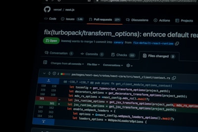 A screen displaying a GitHub pull request page with a focus on a code snippet involving JavaScript transformations. The pull request is titled to enforce default options, and it is open. The code block shows modifications with specific lines highlighted in red and green to indicate changes.