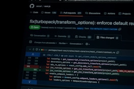A screen displaying a GitHub pull request page with a focus on a code snippet involving JavaScript transformations. The pull request is titled to enforce default options, and it is open. The code block shows modifications with specific lines highlighted in red and green to indicate changes.