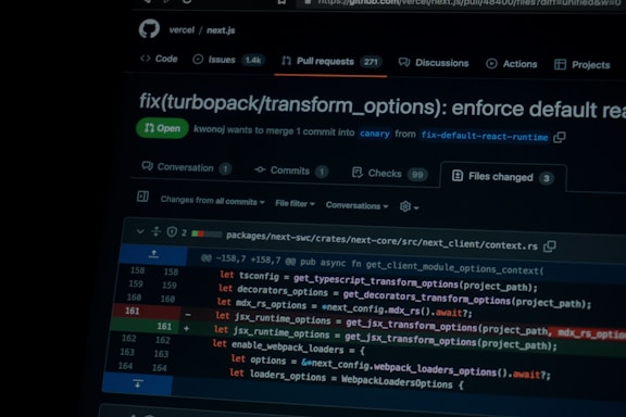 A screen displaying a GitHub pull request page with a focus on a code snippet involving JavaScript transformations. The pull request is titled to enforce default options, and it is open. The code block shows modifications with specific lines highlighted in red and green to indicate changes.