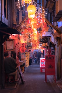 A cozy alleyway lined with lanterns and izakayas.