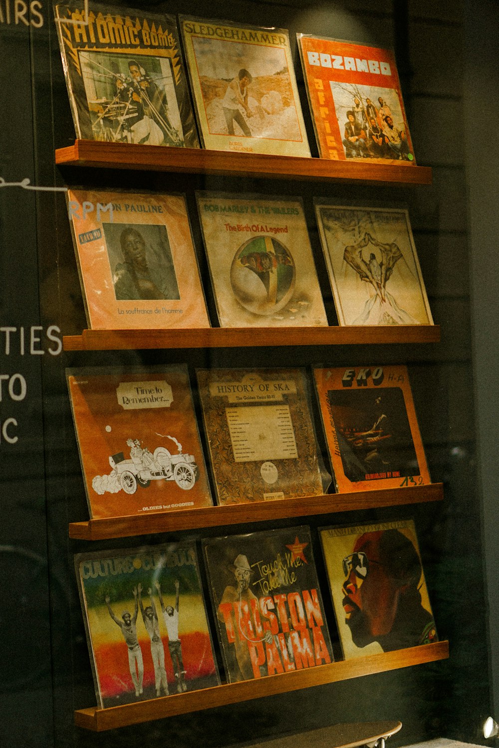 a display of various records in a store window