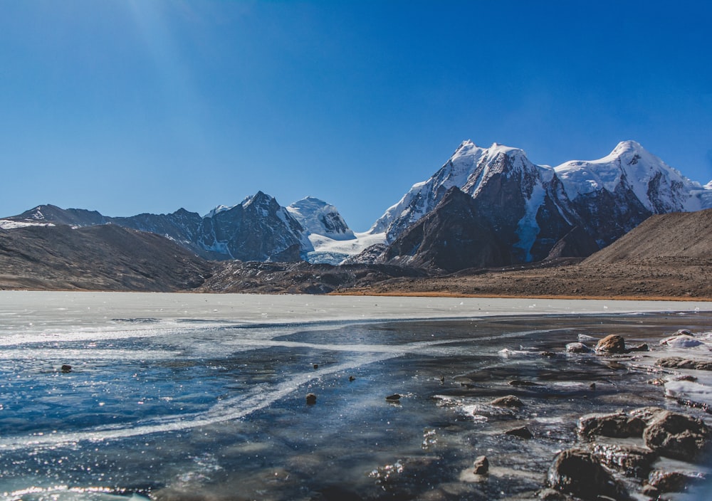 the mountains are covered in snow and ice