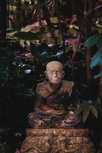 A weathered stone statue of an elderly monk is surrounded by dense foliage. The monk is seated in a meditative posture, wearing a traditional robe, with a serene and wise expression. The environment is lush, with various shades of green from the leaves, giving an impression of an overgrown forest or garden.