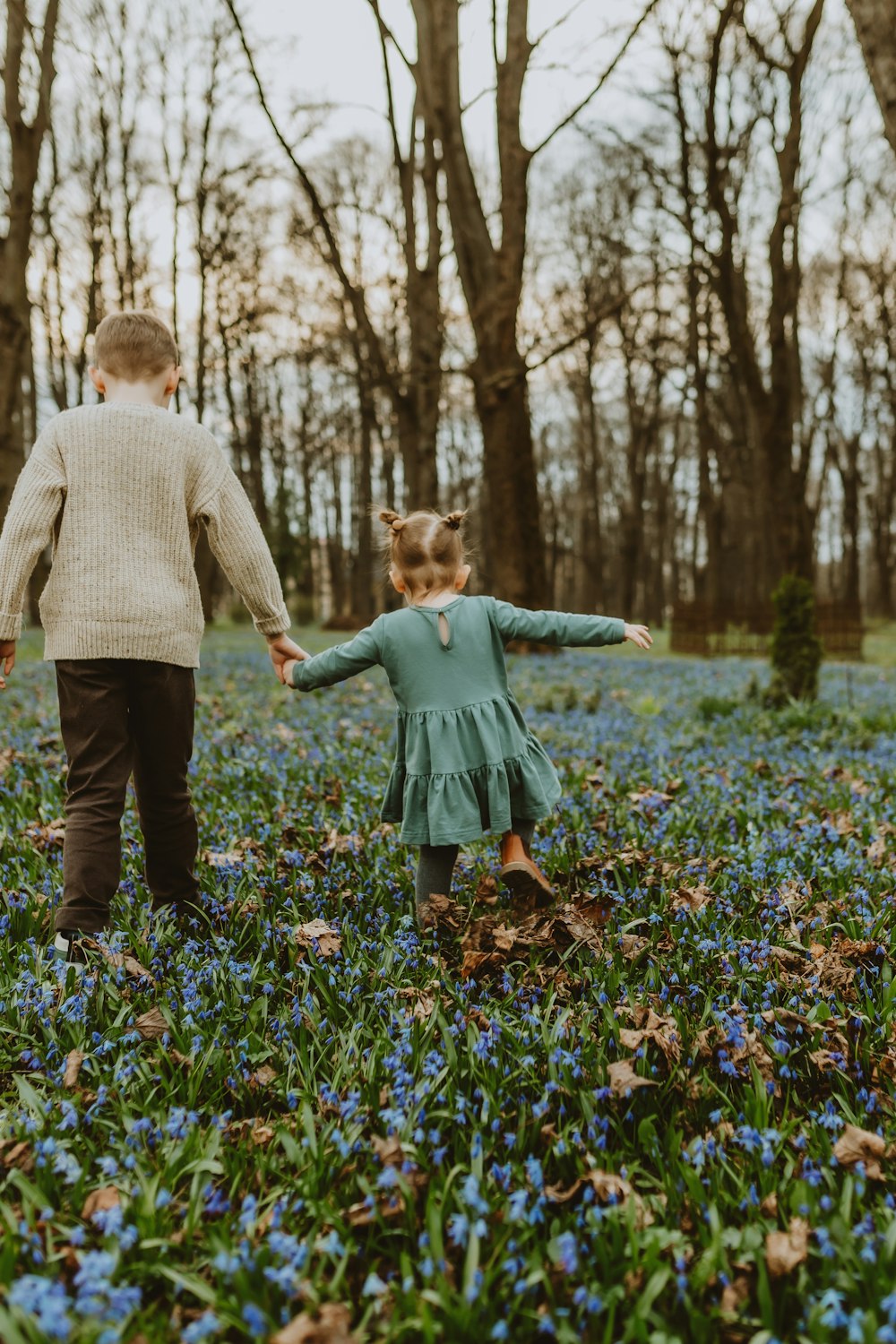 a little girl and a little boy holding hands in a field of blue flowers