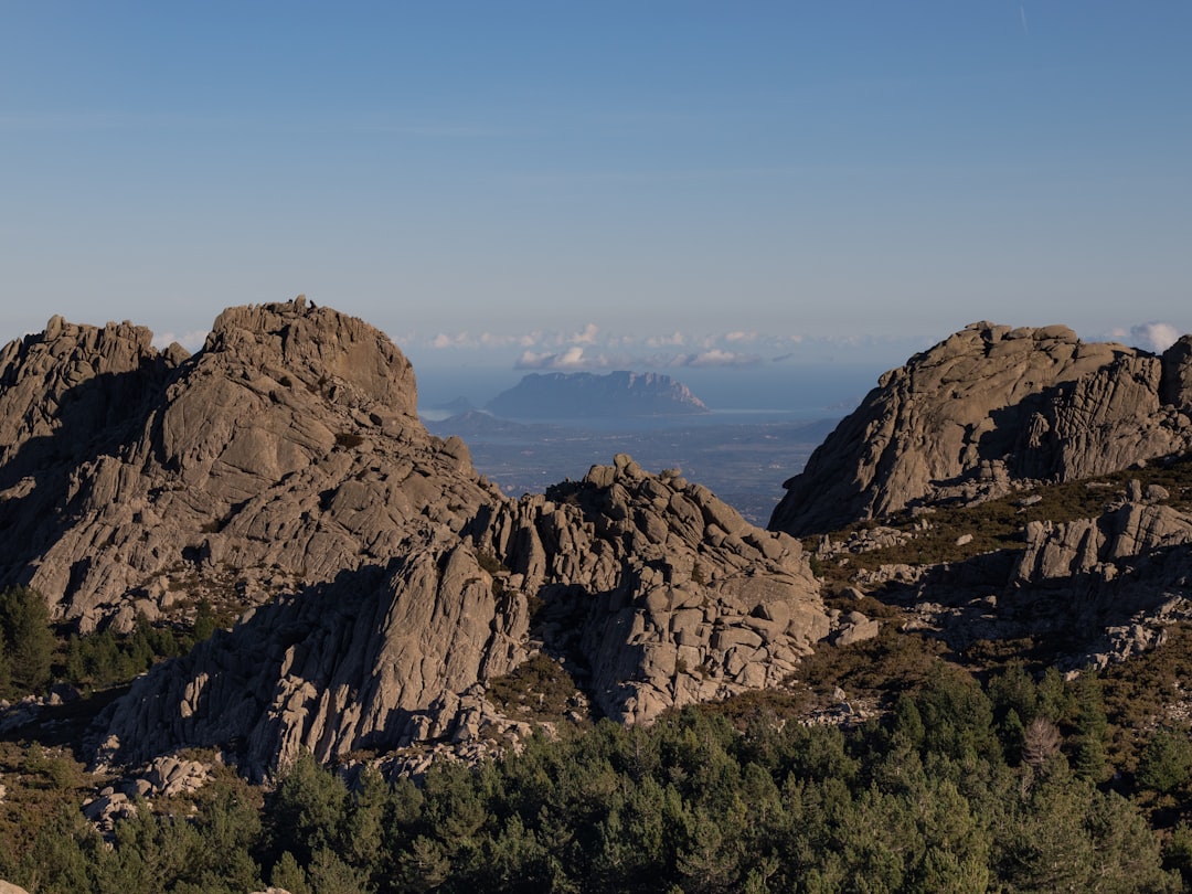 a mountain range with trees and mountains in the background, Tavolara island and Olbia harbor seen from behind the grani