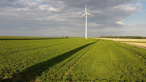 a wind turbine in the middle of a green field