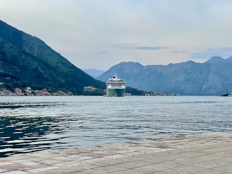 A large cruise ship is positioned in a calm bay surrounded by towering mountains. Small buildings are visible along the shoreline, and the foreground features a stone or concrete waterfront.