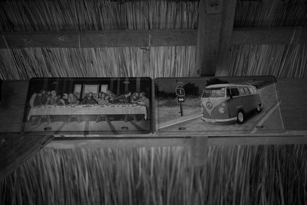 two photographs of a vw bus and a picnic table