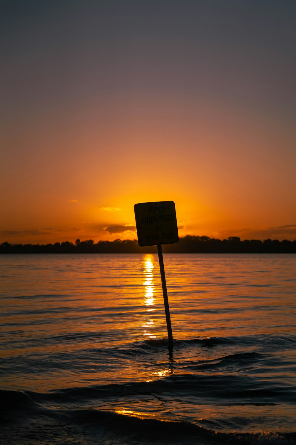 a sign sticking out of the water at sunset