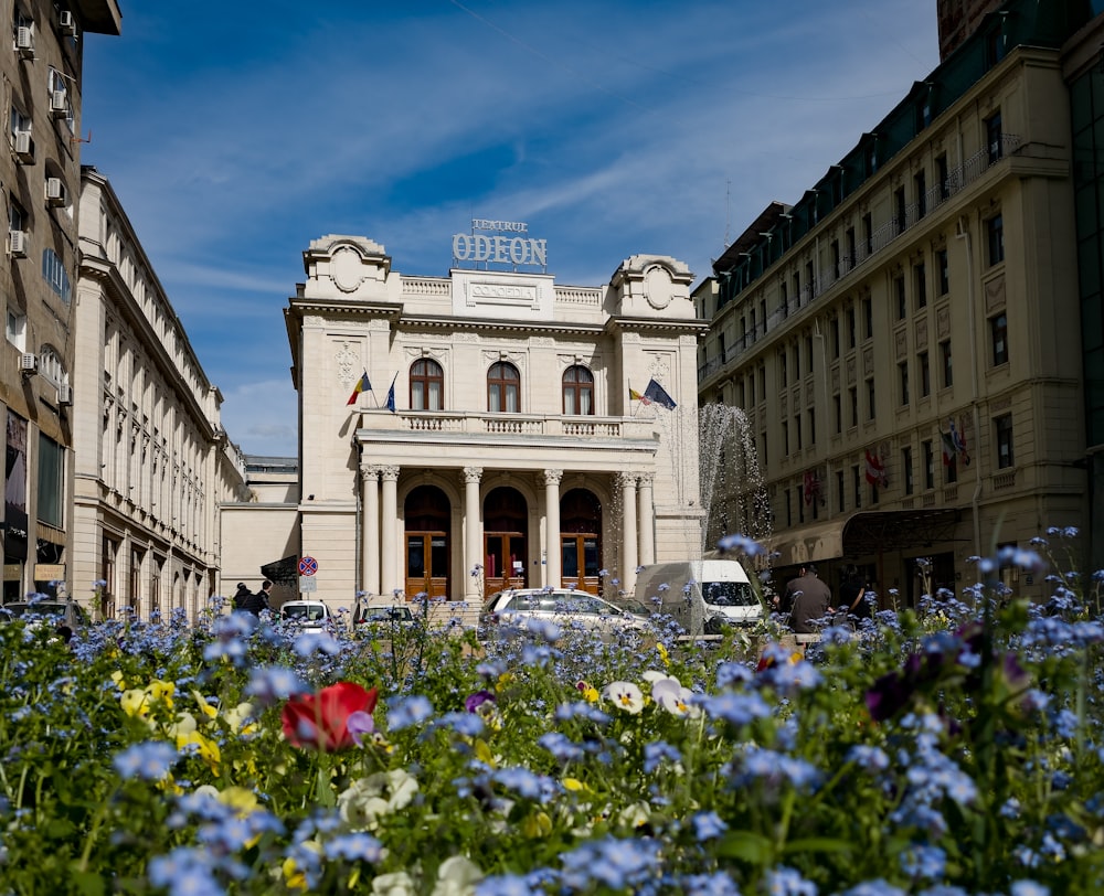 a building with a lot of flowers in front of it