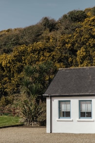 a small white house with a black roof