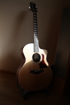 A craftsman tuning an acoustic guitar, focused on perfecting its sound in natural light.