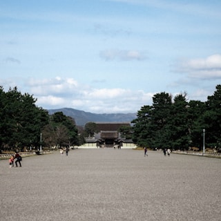 Group walking along a historic cobblestone path towards a mountain shrine
