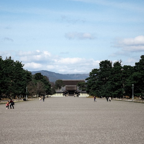 Group walking along a historic cobblestone path towards a mountain shrine
