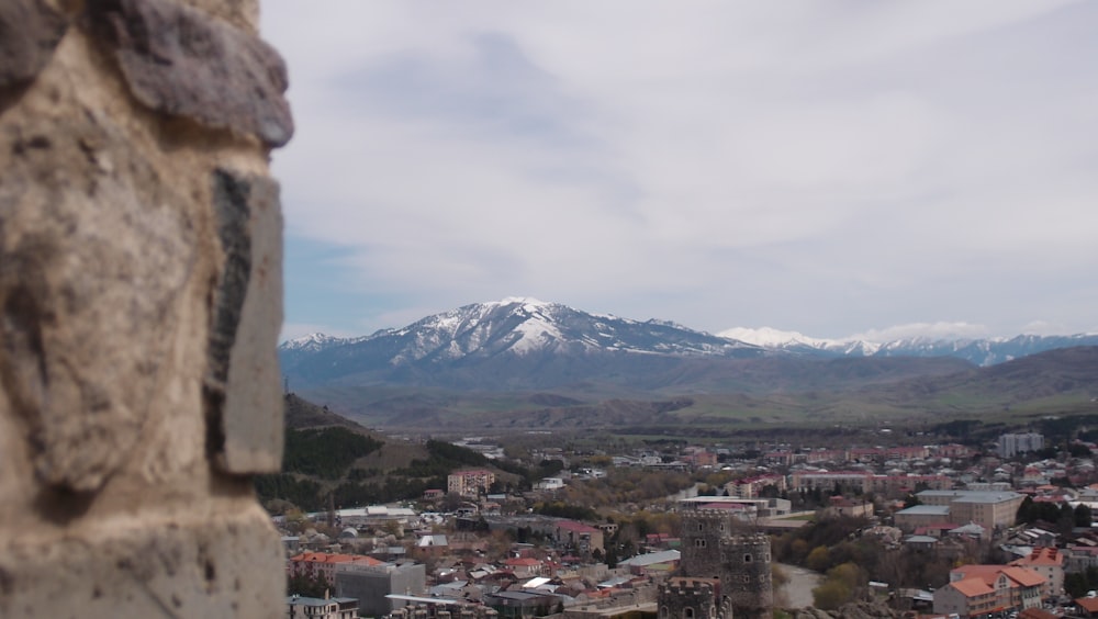 a view of a city with mountains in the background