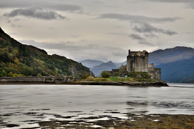 A historic castle stands on a small island connected by a stone bridge amidst a scenic landscape with green hills and distant mountains. The sky is overcast with grey clouds, and a flag can be seen flying near the castle. The foreground features a calm body of water with patches of dark vegetation.