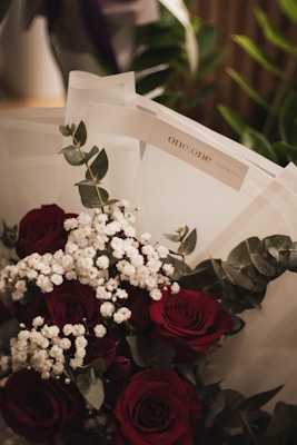 A bouquet of red roses accented with delicate white baby's breath flowers. The arrangement is wrapped in translucent paper with a subtle brand label visible. Green foliage adds contrast to the deep red of the roses. A blurred background includes hints of green leaves.