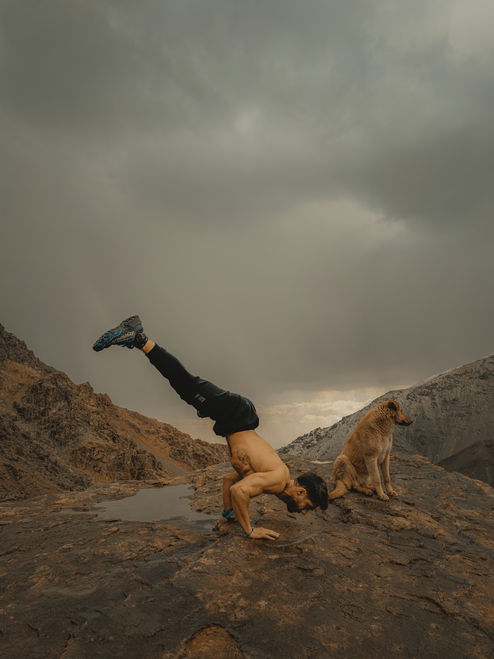 a man doing a handstand on top of a mountain with a dog