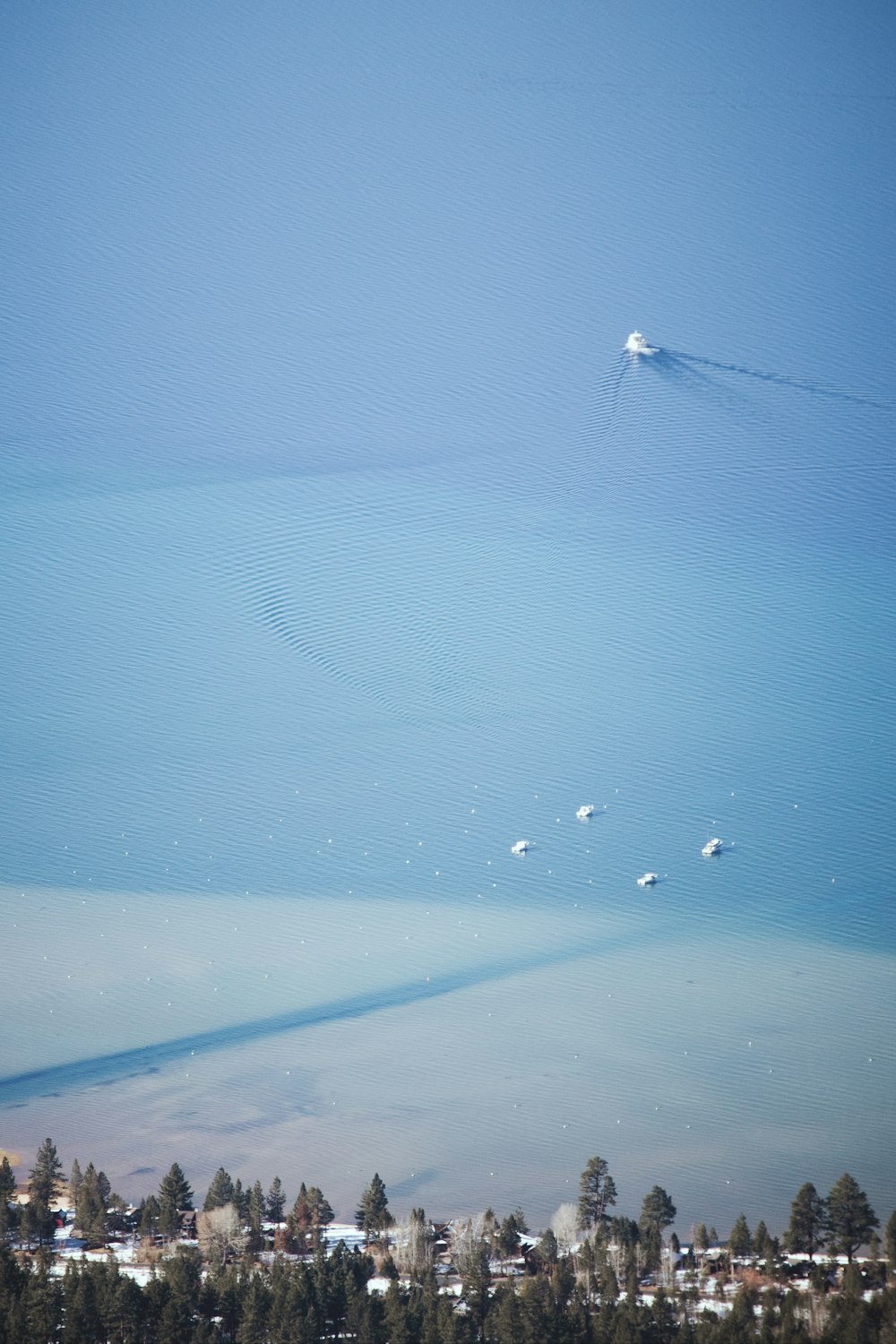 a view of a lake with a jet flying in the sky