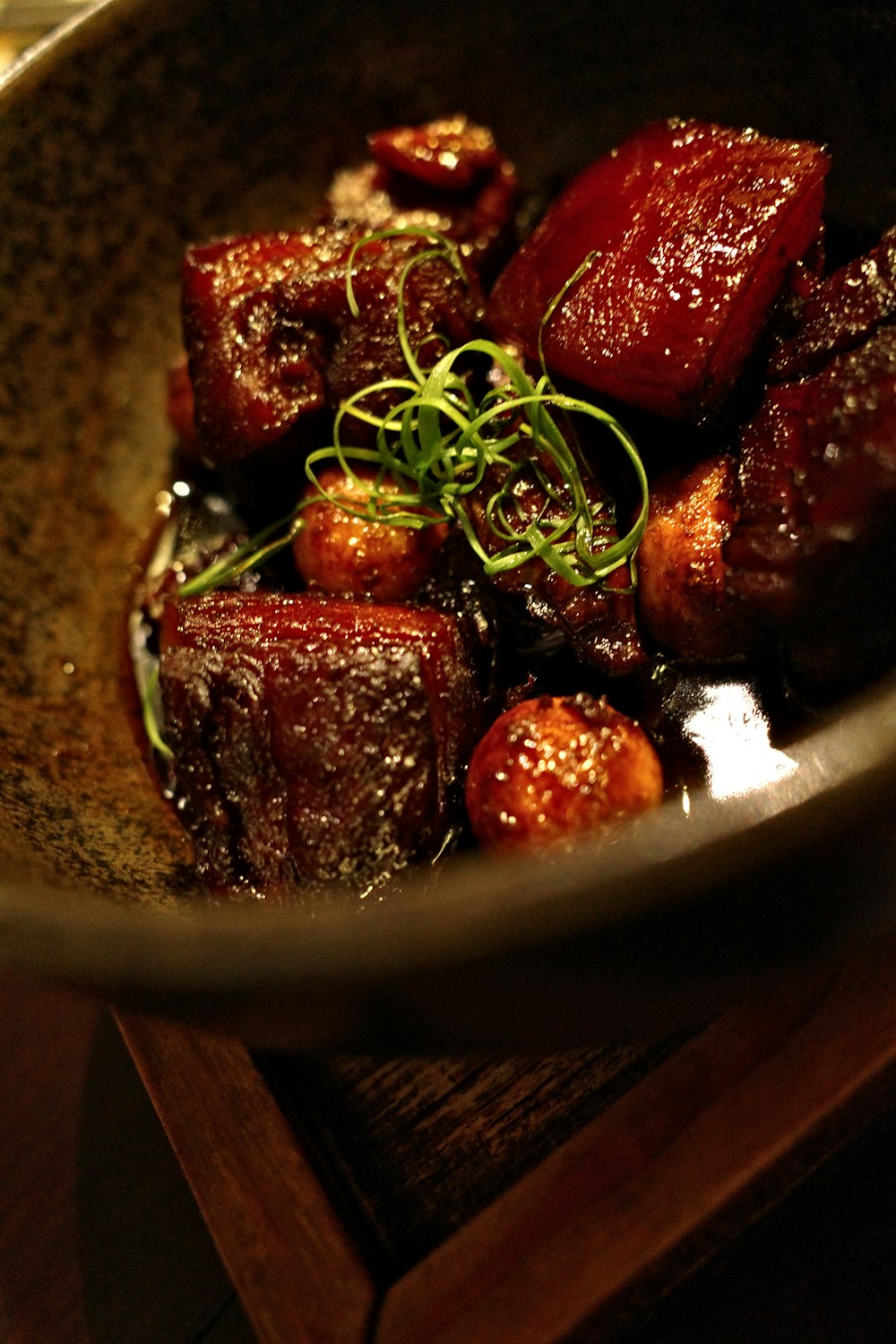 a close up of food in a bowl on a table