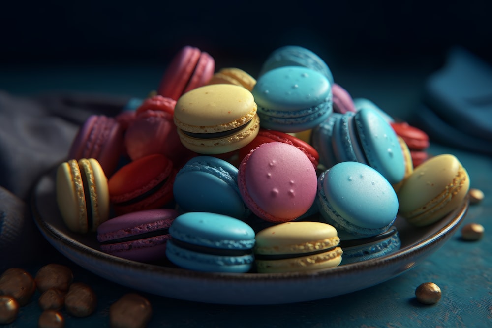 a bowl of colorful macaroons on a table