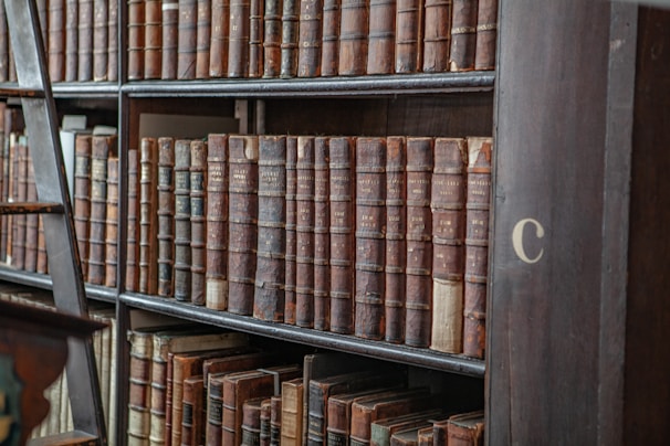 An old wooden bookshelf filled with rows of vintage, leather-bound books. The spines of the books are weathered, with gold lettering that is slightly faded. A ladder is leaning against the bookshelf, indicating the height of the shelves.