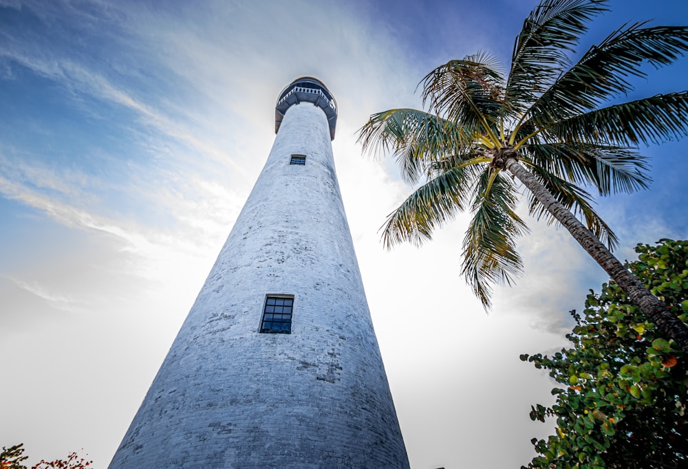 a tall light house sitting next to a palm tree