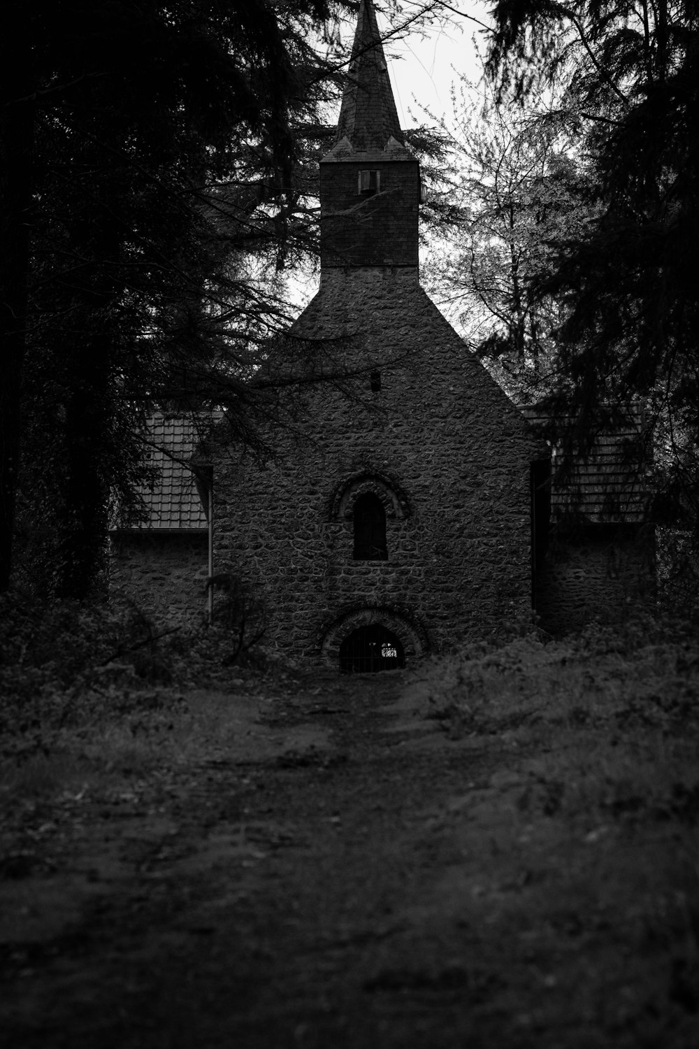 a black and white photo of a church in the woods