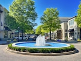 A vibrant urban scene with a circular fountain at the center, surrounded by manicured greenery and brick paving. Tall, lush trees line the street, flanking modern commercial buildings that house shops and cafes. Several parked cars are visible along the street, adding to the bustling yet serene atmosphere.