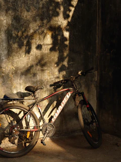 a bike leaning against a wall in the shade