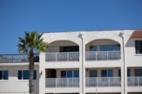 an apartment building with balconies and a palm tree