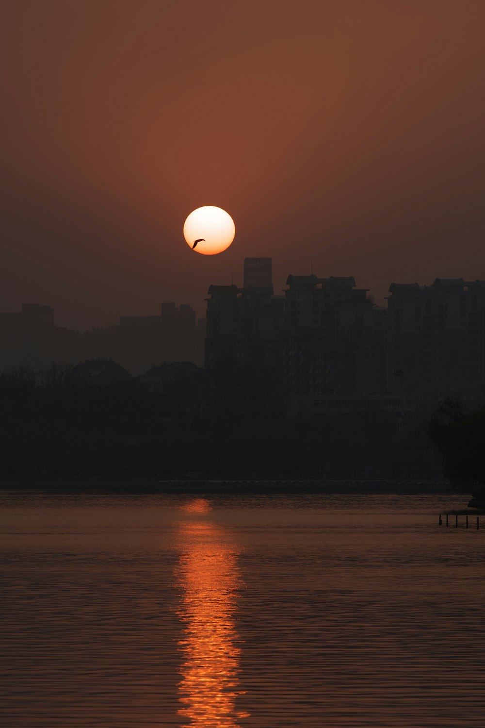 a large body of water with a sunset in the background