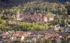 An ancient castle perched on a hill overlooking a quaint Swiss town surrounded by lush greenery.