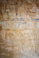 Ancient Egyptian hieroglyphs and relief carvings on a stone wall featuring figures with headdresses, symbols, and detailed attire. The artwork includes registers filled with various intricate symbols in subtle hues.