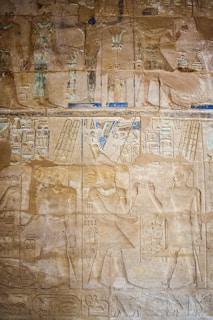 Ancient Egyptian hieroglyphs and relief carvings on a stone wall featuring figures with headdresses, symbols, and detailed attire. The artwork includes registers filled with various intricate symbols in subtle hues.