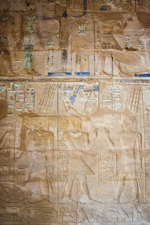Ancient Egyptian hieroglyphs and relief carvings on a stone wall featuring figures with headdresses, symbols, and detailed attire. The artwork includes registers filled with various intricate symbols in subtle hues.