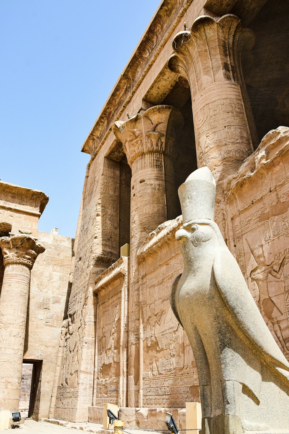 a statue of a bird in front of a building