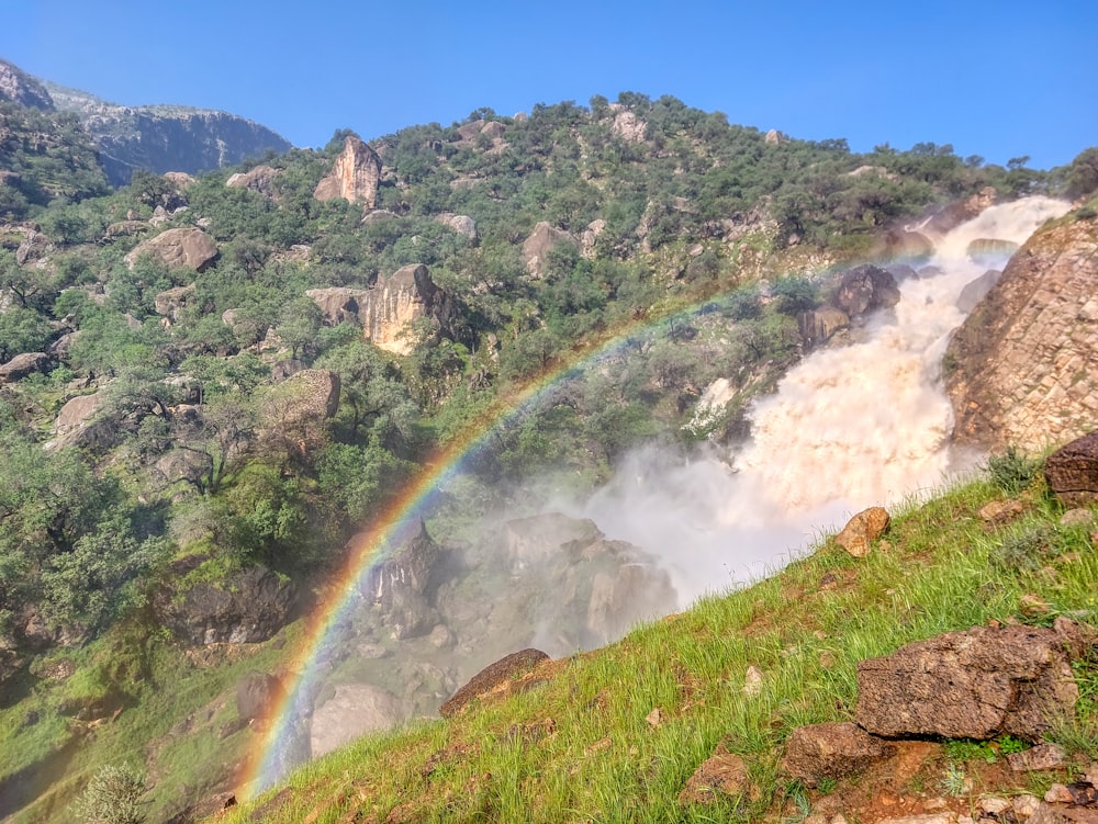 a rainbow in the sky over a waterfall