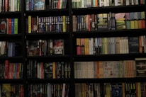 A bookshelf filled with a wide variety of books. The shelf has numerous colorful book spines, including titles in different genres such as mystery, thriller, and historical fiction. The books are neatly organized and arranged in rows, covering the entire available space on the shelf. Notable titles include 'Sea of Flames' and 'Money in the Morgue'.