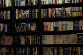 A bookshelf filled with a wide variety of books. The shelf has numerous colorful book spines, including titles in different genres such as mystery, thriller, and historical fiction. The books are neatly organized and arranged in rows, covering the entire available space on the shelf. Notable titles include 'Sea of Flames' and 'Money in the Morgue'.