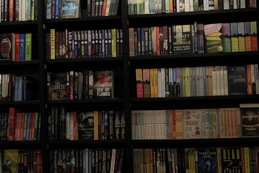 A bookshelf filled with a wide variety of books. The shelf has numerous colorful book spines, including titles in different genres such as mystery, thriller, and historical fiction. The books are neatly organized and arranged in rows, covering the entire available space on the shelf. Notable titles include 'Sea of Flames' and 'Money in the Morgue'.